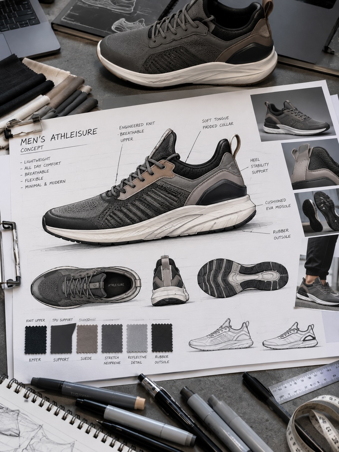 Ladies sneaker concept sketch with material and colourway samples